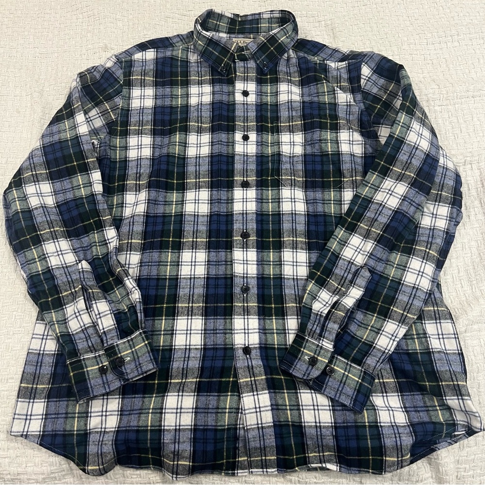 L.L.Bean Traditional Fit Cotton Flannel Plaid Shirt Navy Green Yellow L